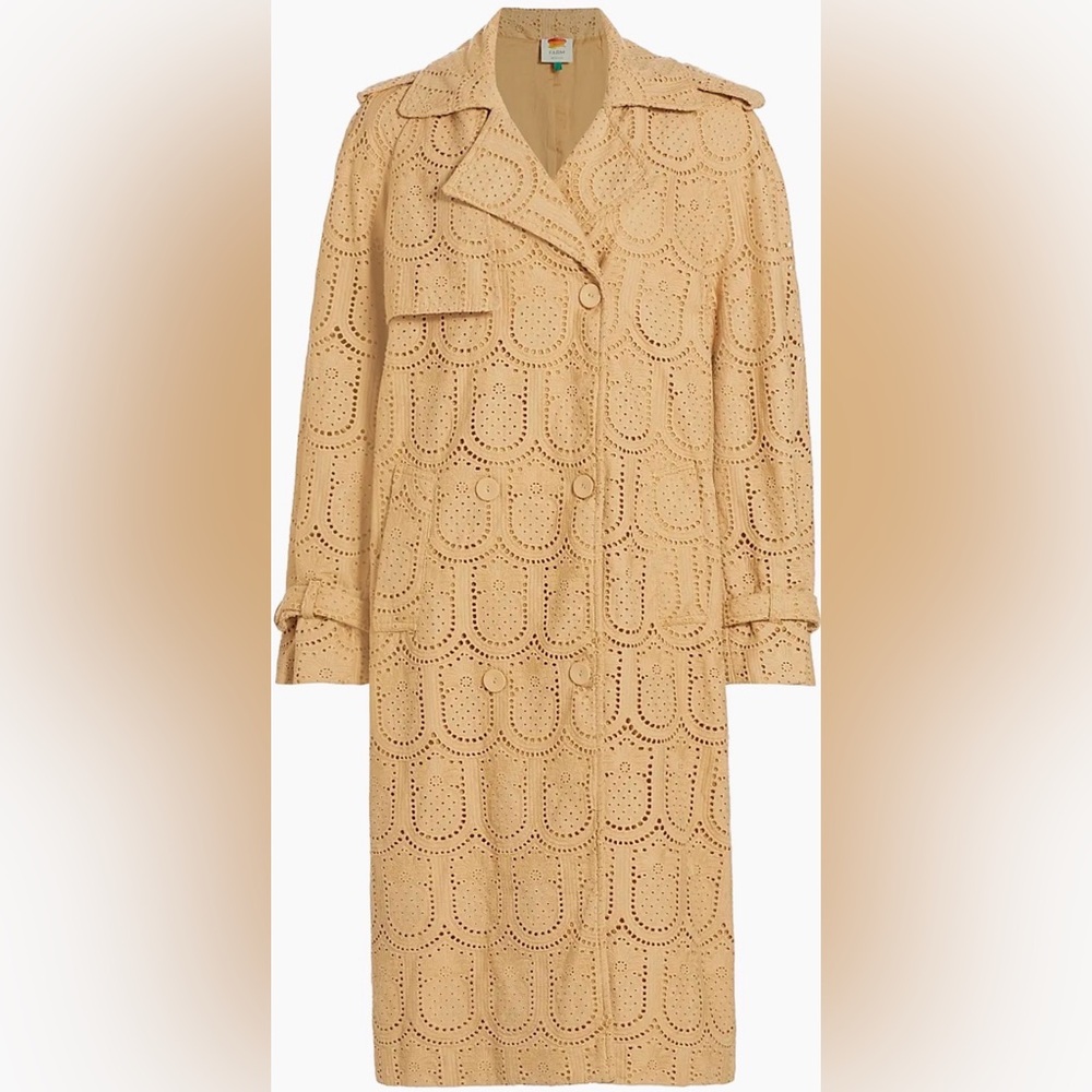 Farm Rio Pineapple Embroidered Eyelet Cotton Trench Coat Beige Size XS